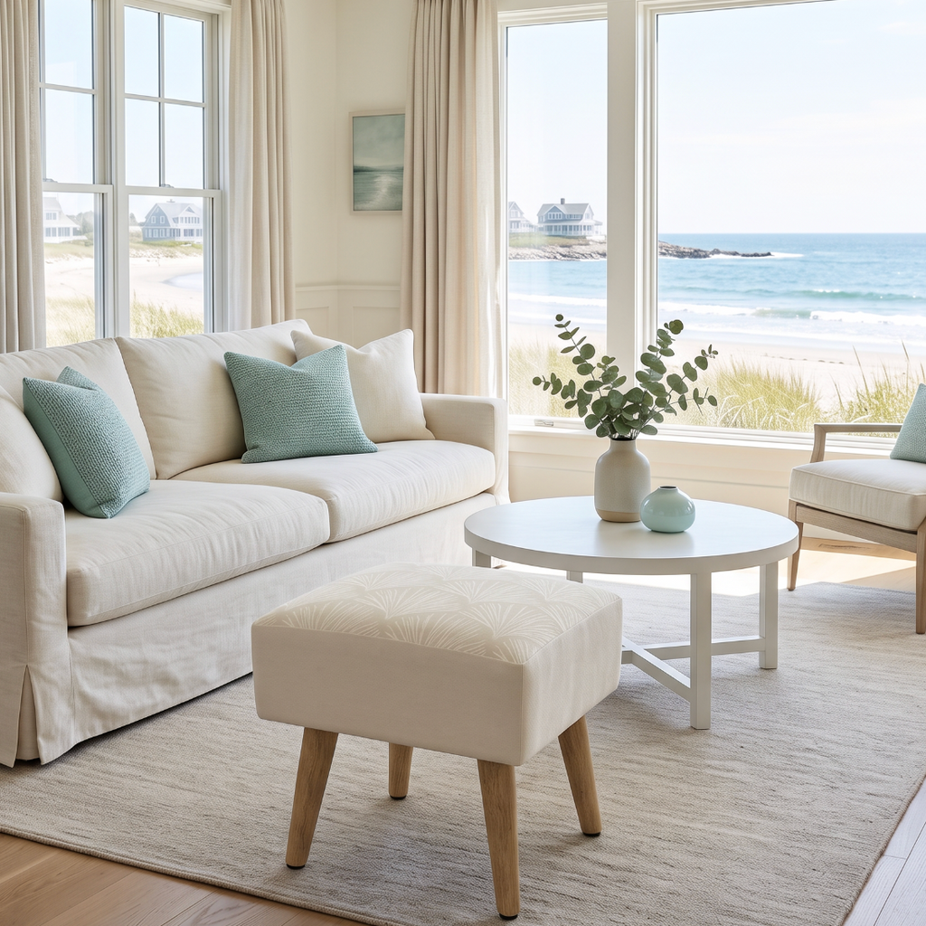 Coastal square ottoman with cream upholstery, white coral branches on the seat, and warm natural wood legs.
