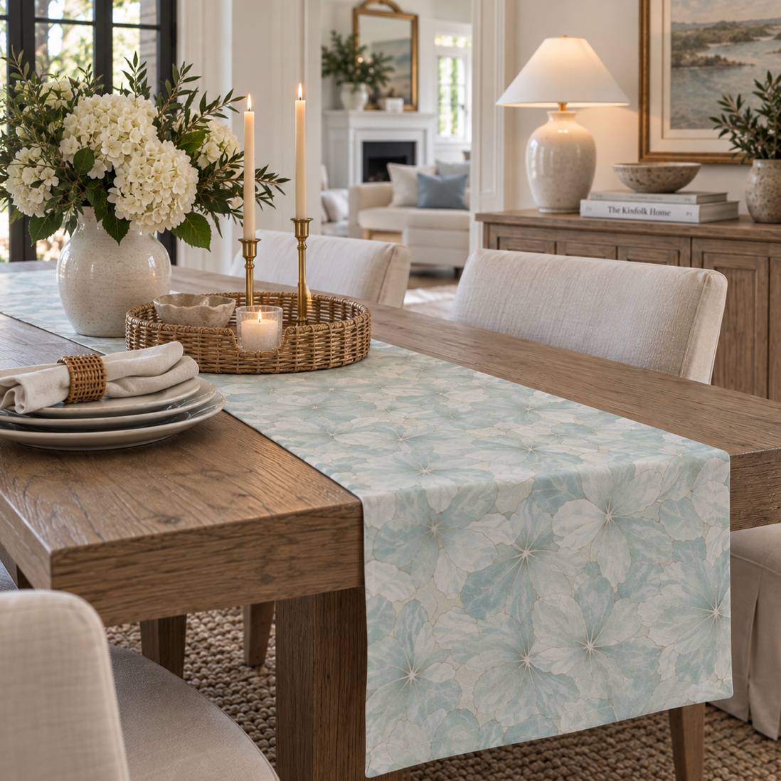 Coastal cottage blue floral table runner for a warm wood dining table and relaxed beach house decor