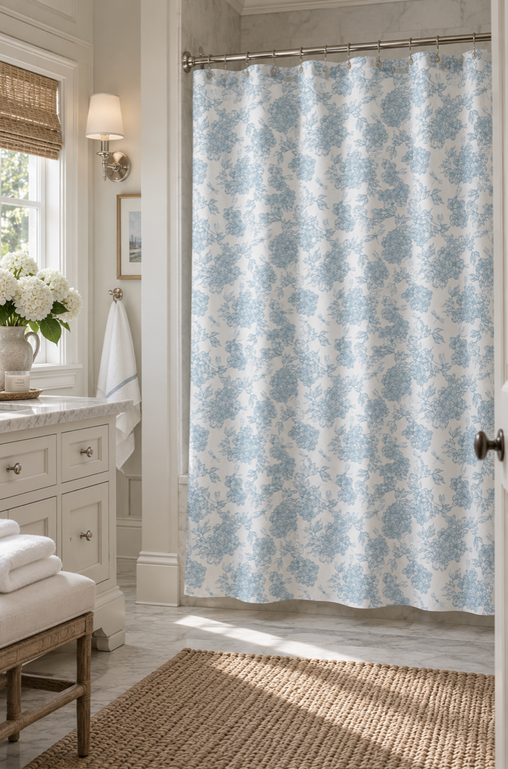 Coastal cottage bathroom shower curtain featuring soft blue hydrangeas on a white background
