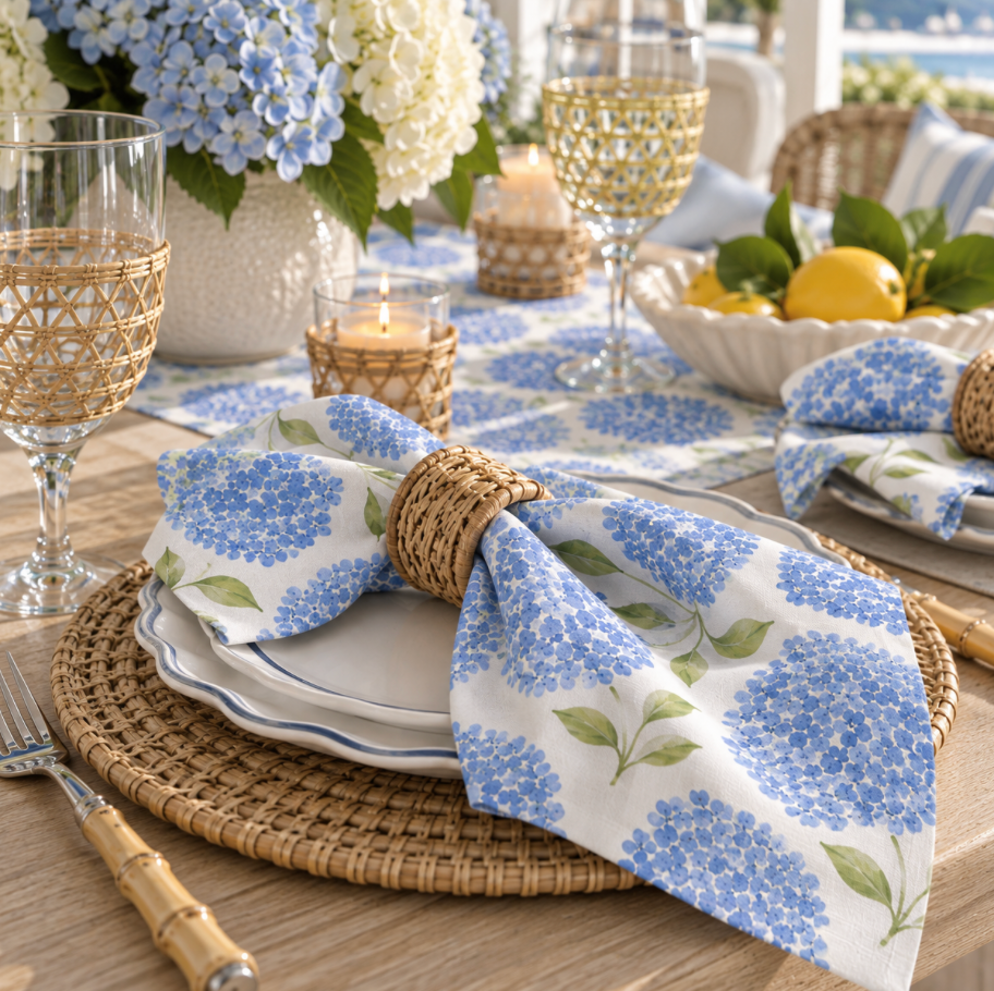Coastal cottage blue hydrangea napkins with an allover floral botanical pattern