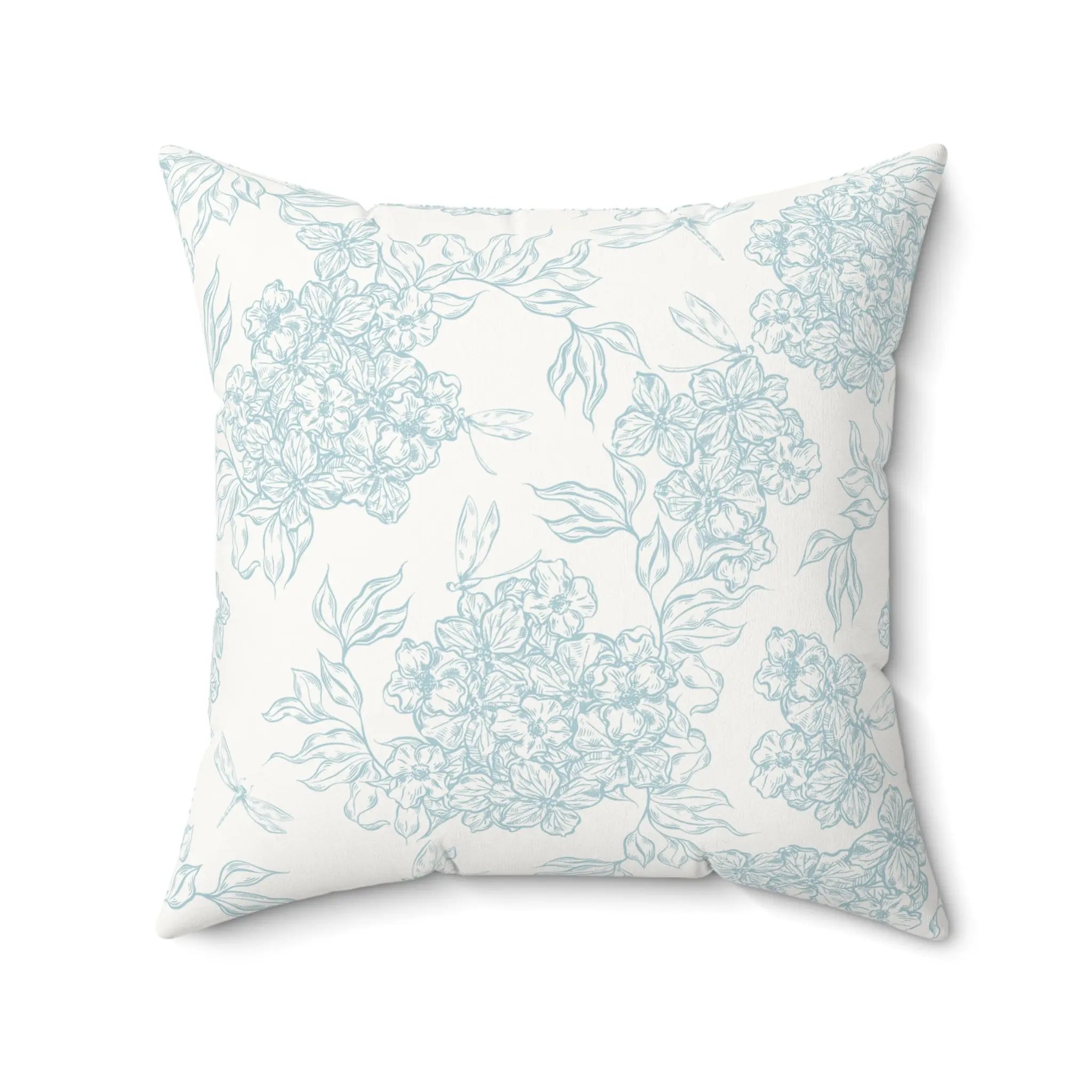 Chatham Hydrangea Suede Pillow with pale blue hydrangea sketches on cream background.