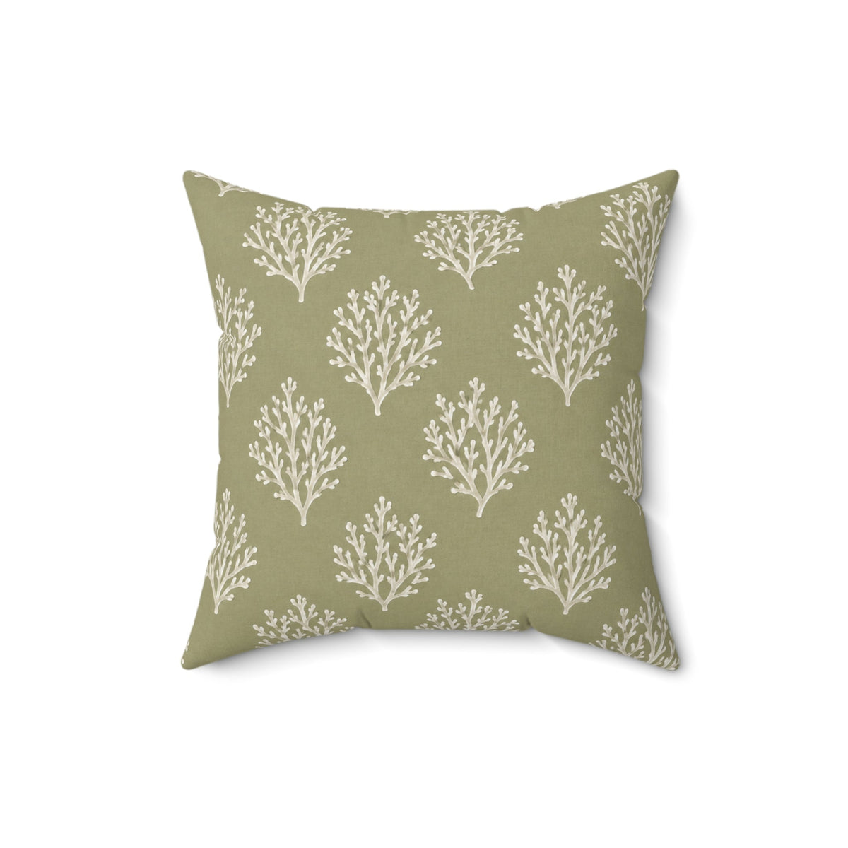 Sage green coastal cottage pillow with a classic white coral branch print