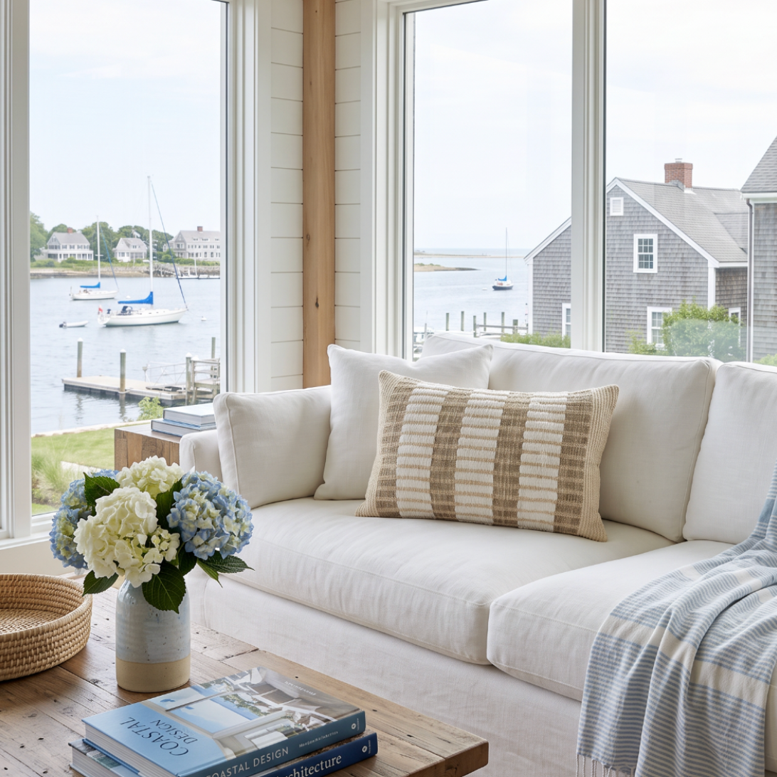 Textured sand‑and‑cream cushion offering subtle pattern for modern organic interiors.