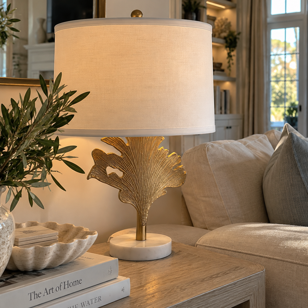 Decorative coastal table lamp featuring a gold leaf base and round marble pedestal.
