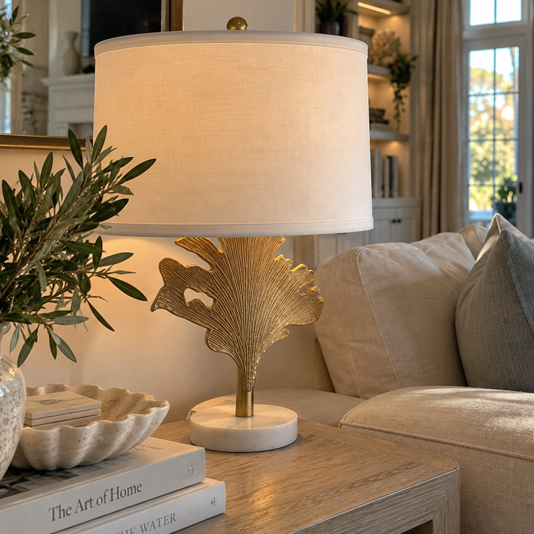 Decorative coastal table lamp featuring a gold leaf base and round marble pedestal.