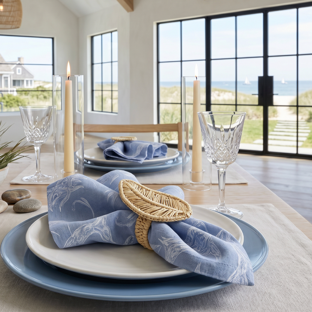 Coastal dolphin linen cloth napkins set of 4 arranged on a wooden table with seashell decor.