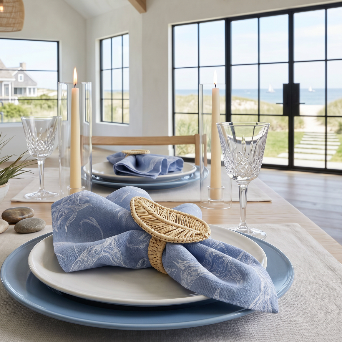 Coastal dolphin linen cloth napkins set of 4 arranged on a wooden table with seashell decor.