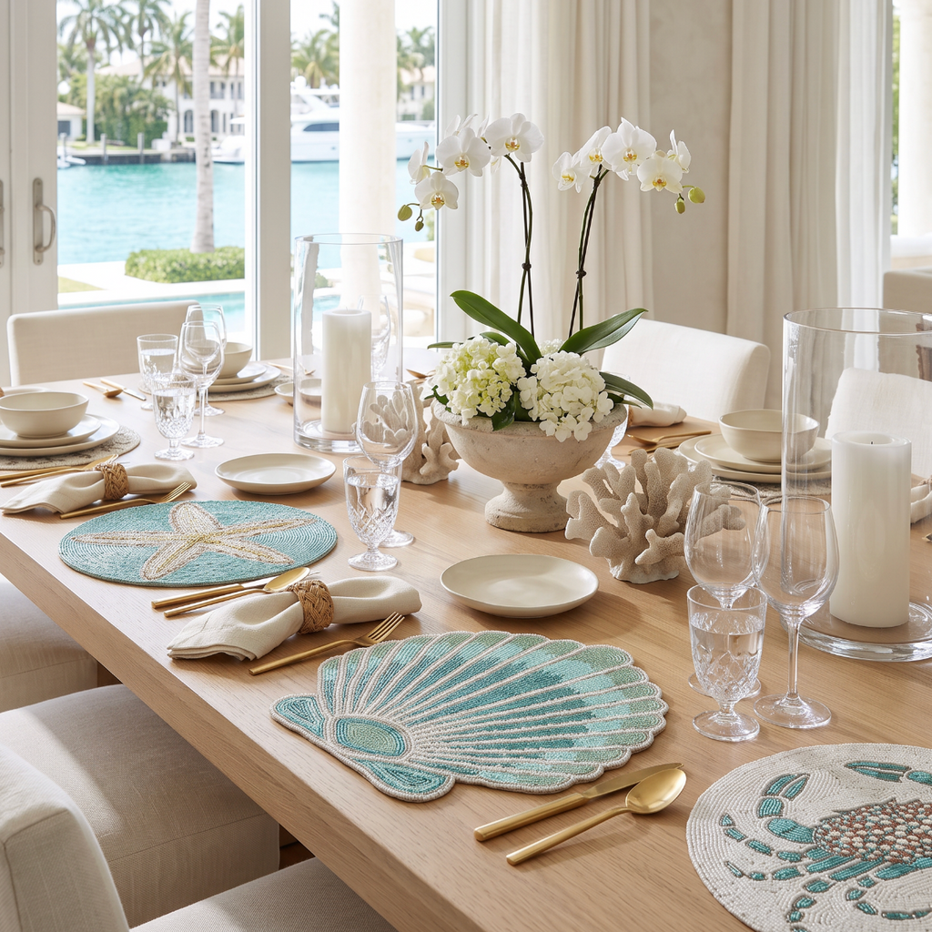 Aqua and neutral beaded starfish and crab placemats perfect for summer or beach‑house gatherings.