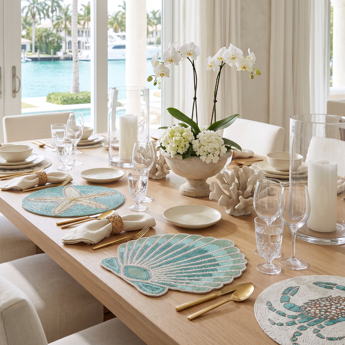 Aqua and neutral beaded starfish and crab placemats perfect for summer or beach‑house gatherings.