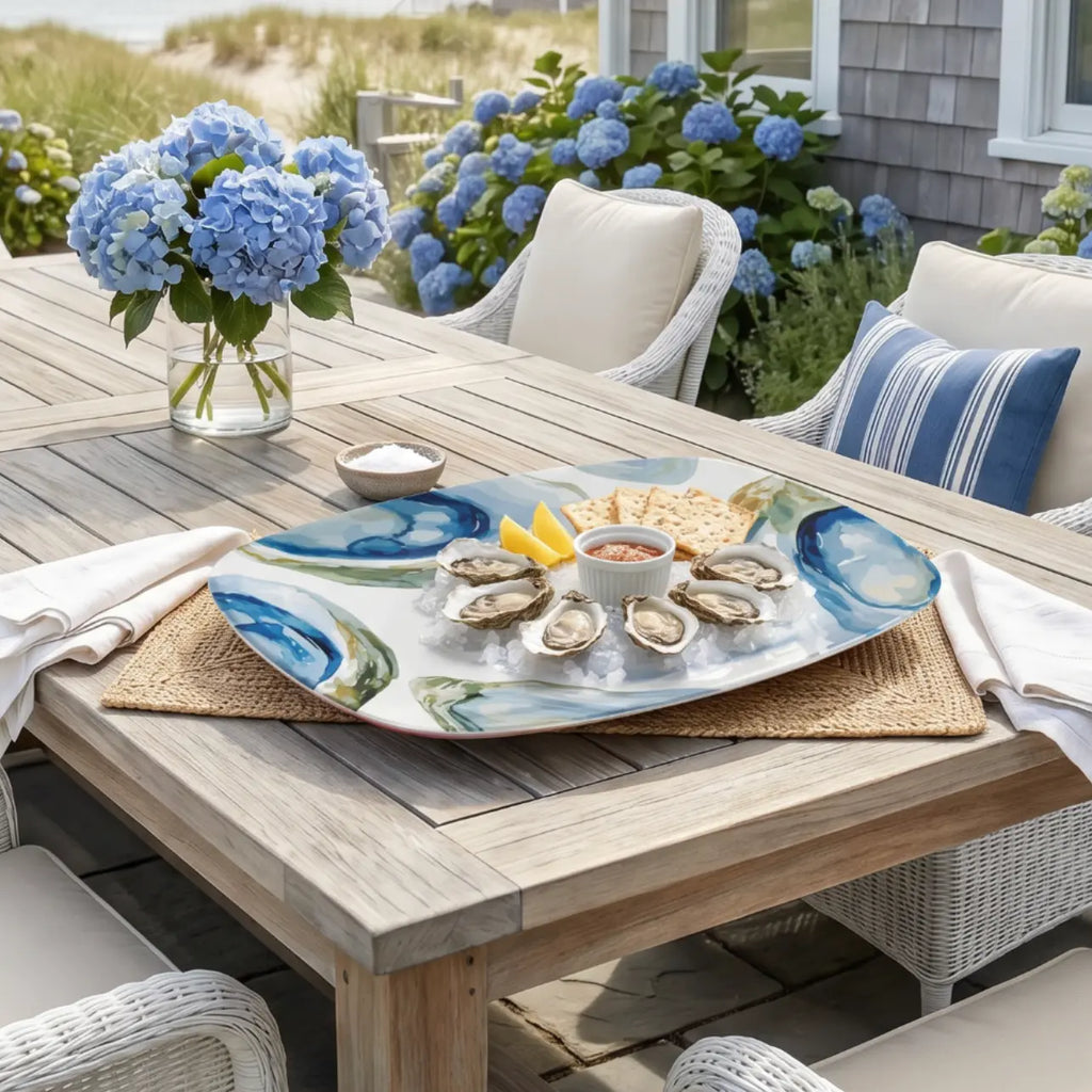 Oval serving platter styled for oysters, hors d’oeuvres, and family meals.