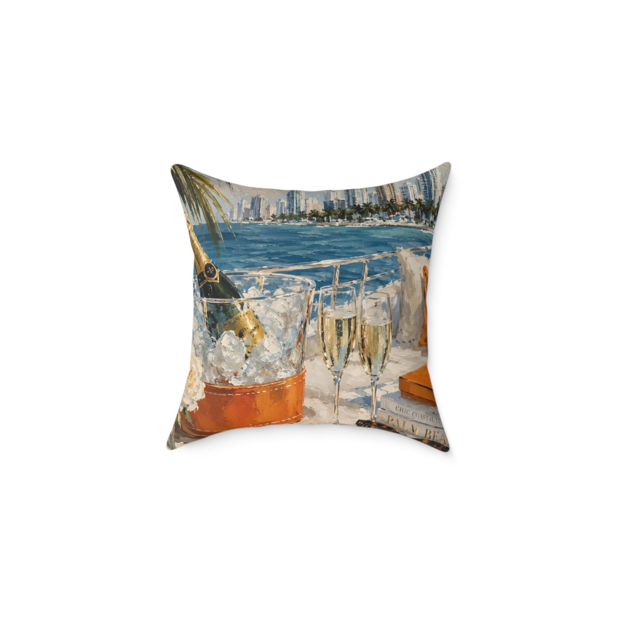 Coastal entertaining themed throw pillow with champagne, ice bucket, and yacht railing for living room sofa styling.