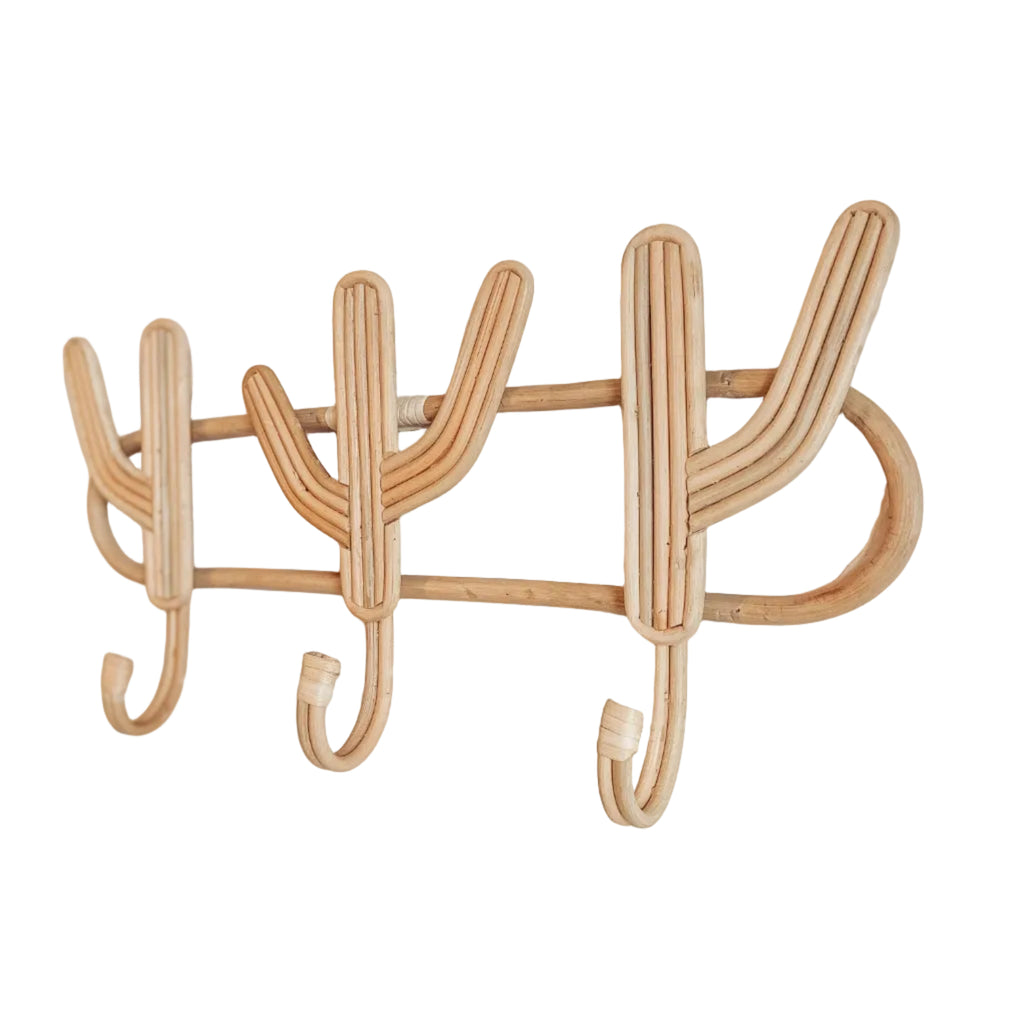 Close-up of the natural woven rattan texture and handcrafted details on a cactus-inspired wall hook.