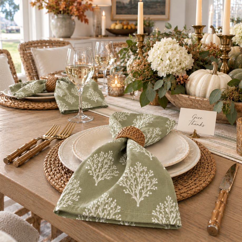 Sage green fall cloth napkins with botanical branch print, set of 4, styled with stoneware plates and woven chargers