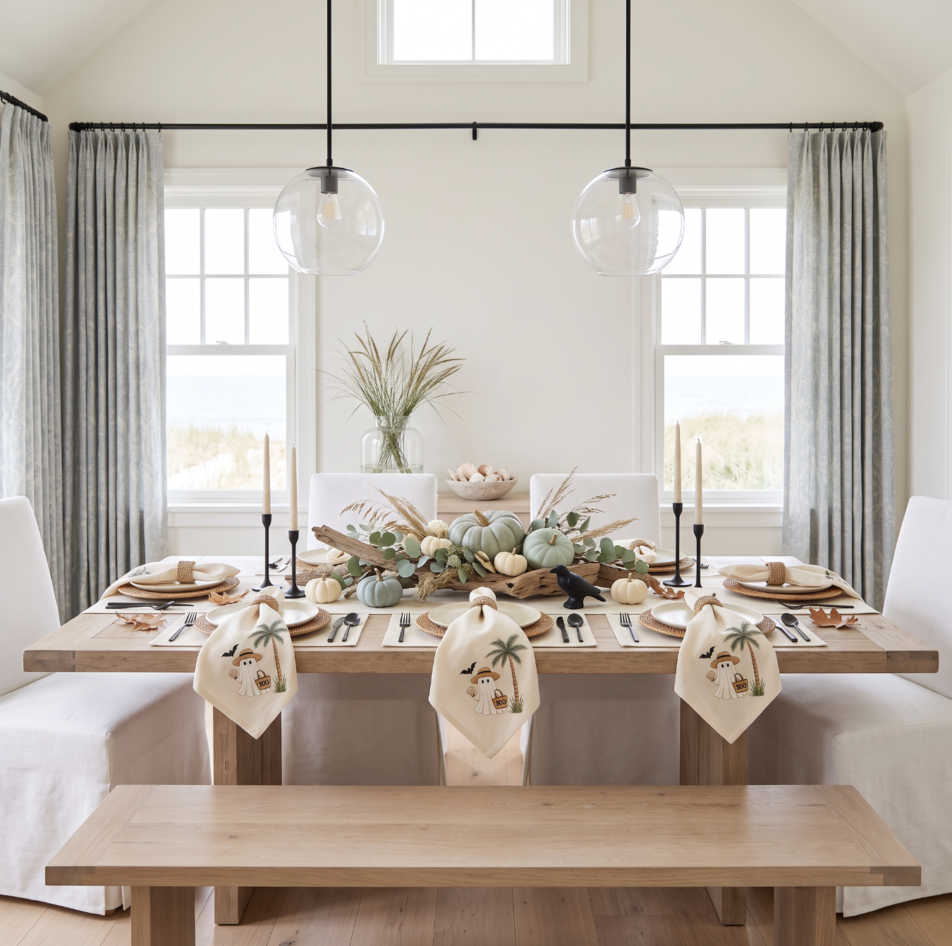 Beach-house Halloween napkin featuring a palm-tree ghost design in a bright, neutral coastal dining room.