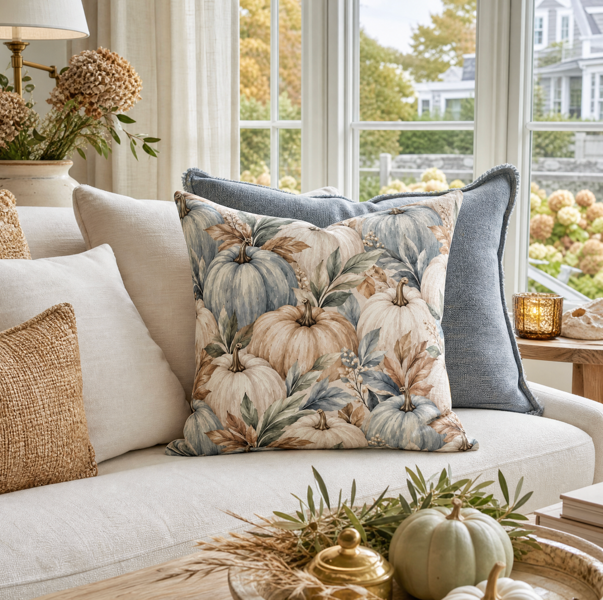 Coastal fall pumpkin throw pillow with muted blue-gray, ivory, cream, and sage botanical artwork