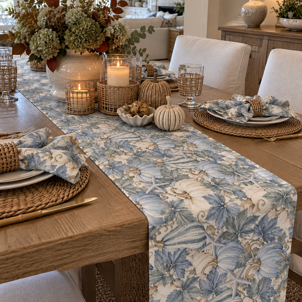 Coastal fall table runner featuring blue pumpkins, seashells, and botanical foliage.