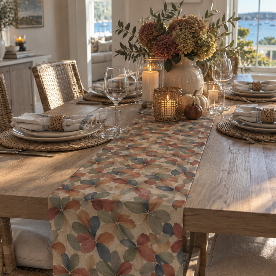Multicolor botanical table runner with geometric leaf design, complementing a coastal waterfront dining setting