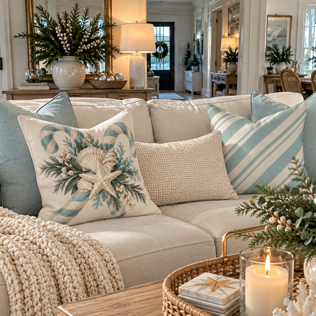 Coastal farmhouse Christmas pillow with a muted blue and ivory diagonal stripe pattern