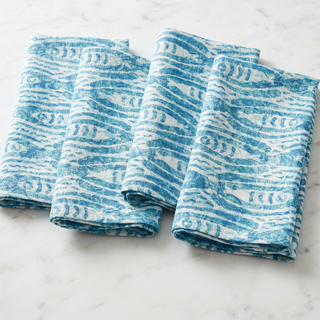 Fish print linen cloth napkins set of four styled for a beach house table setting