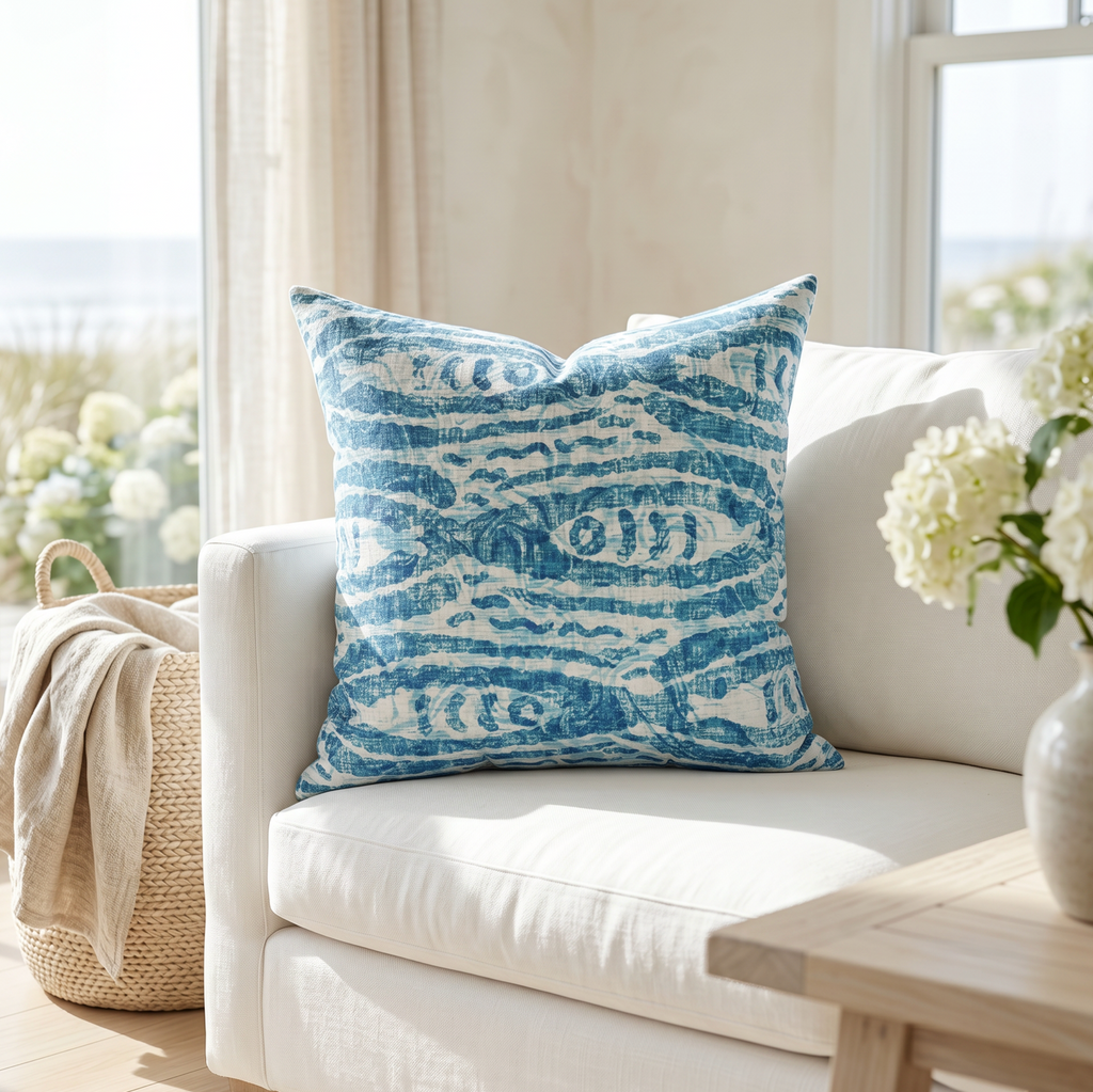 Coastal fish pattern throw pillow styled in a coastal living room with natural accents
