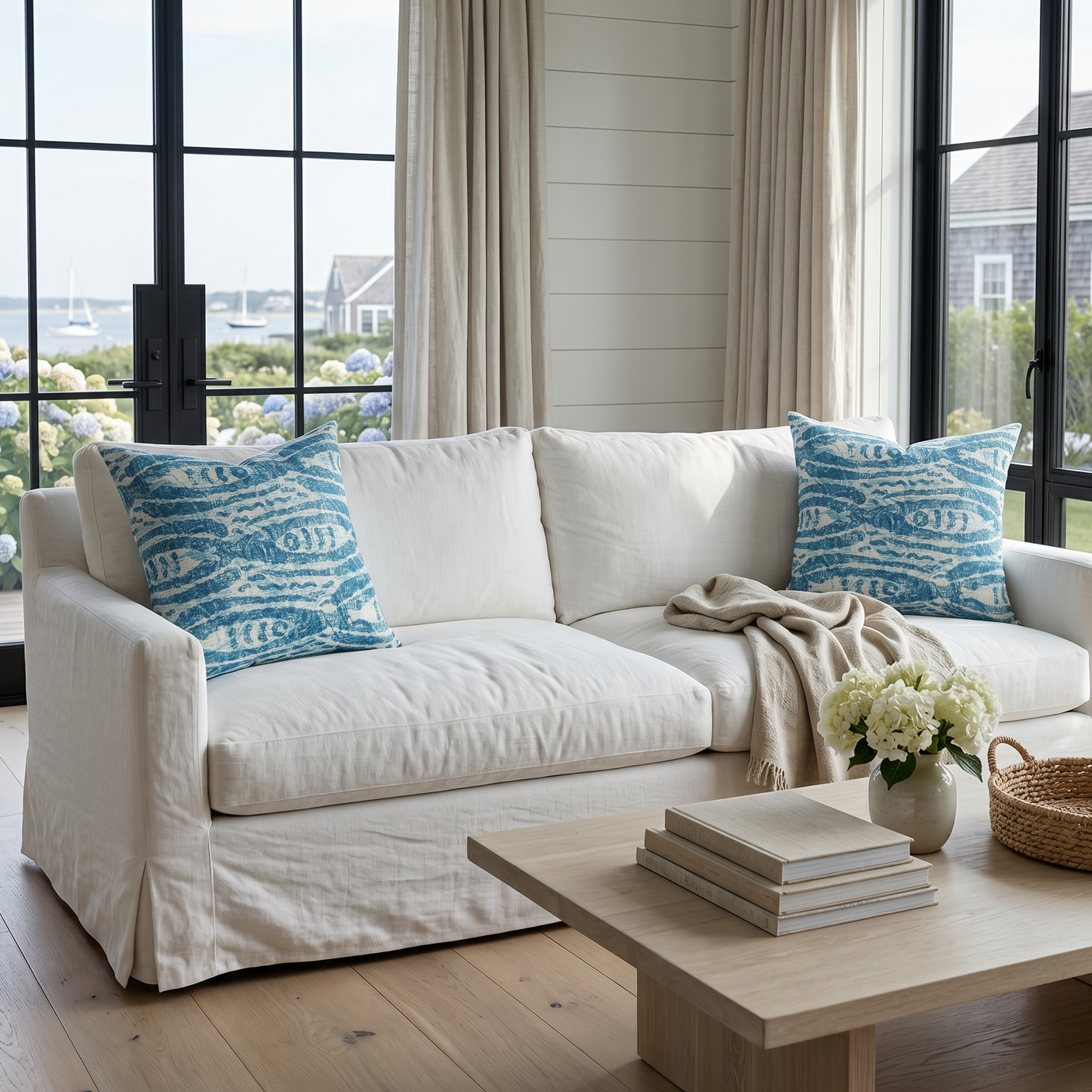 Coastal fish pattern throw pillow on a couch in a beach house style living room