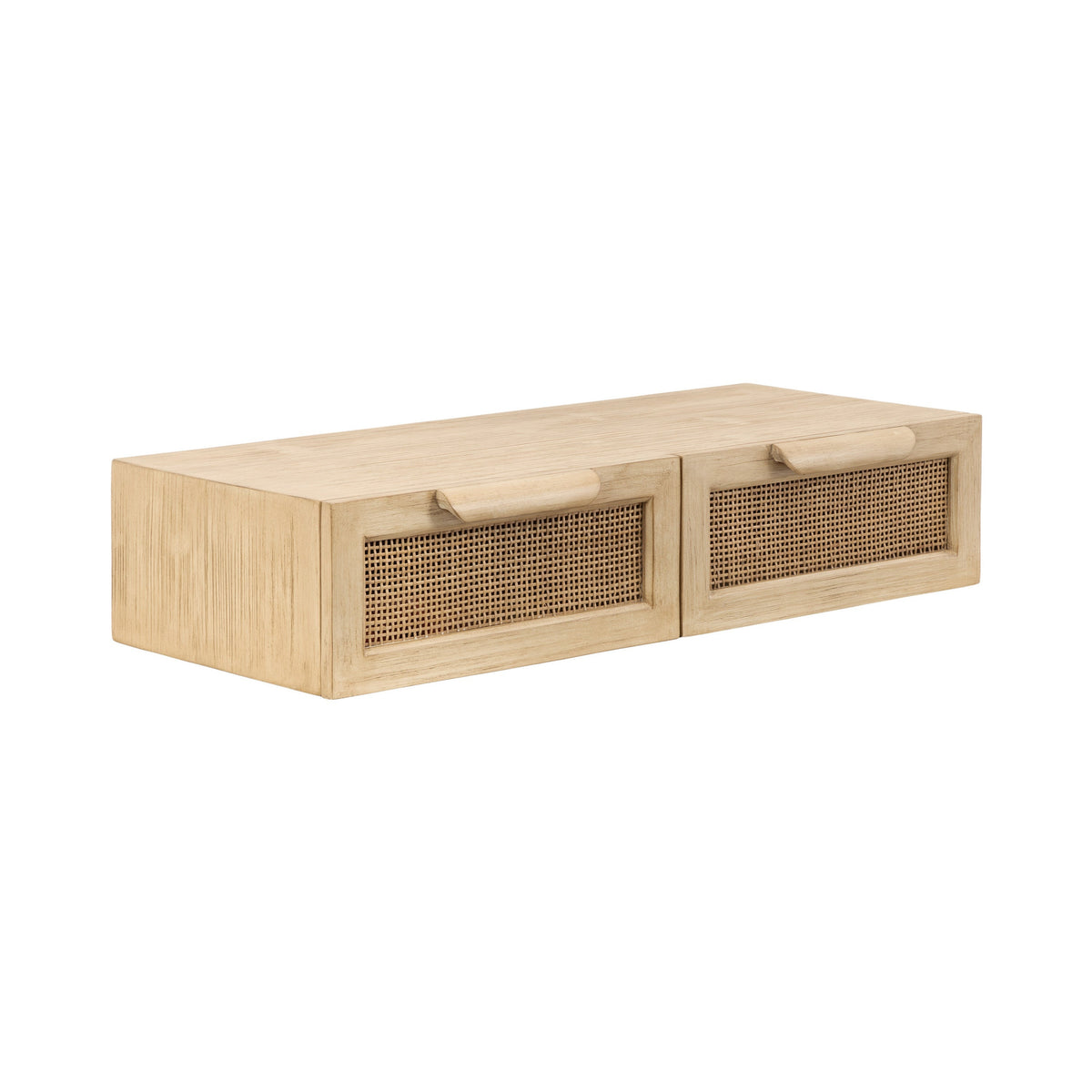 Coastal floating console table with natural wood construction and woven rattan storage drawers