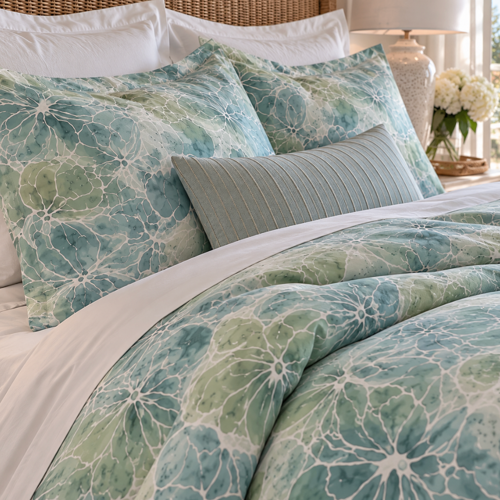 Aqua and sage floral bedding creating a serene coastal bedroom.