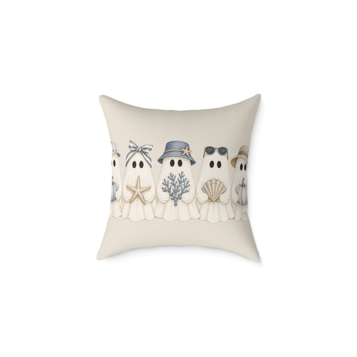 Blue and white coastal ghost decorative pillow with starfish, coral, and seashell accents