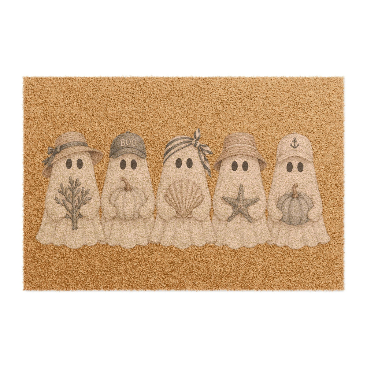 Coir doormat with five coastal-themed ghosts wearing sun hats, holding coral, shells, and starfish for Halloween entryway decor