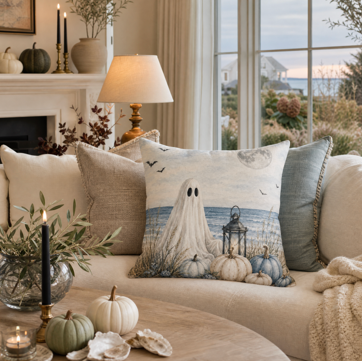Coastal ghost and pumpkin decorative pillow with a blue ocean background and vintage lantern