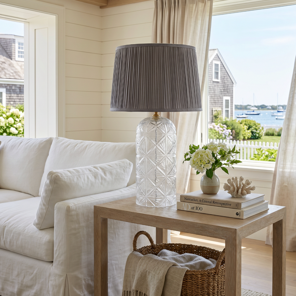 Coastal glass table lamp featuring a natural woven shade and elegant base.