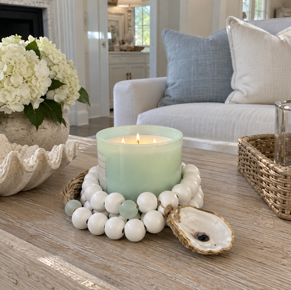 Coastal gold bead garland styled in a living room