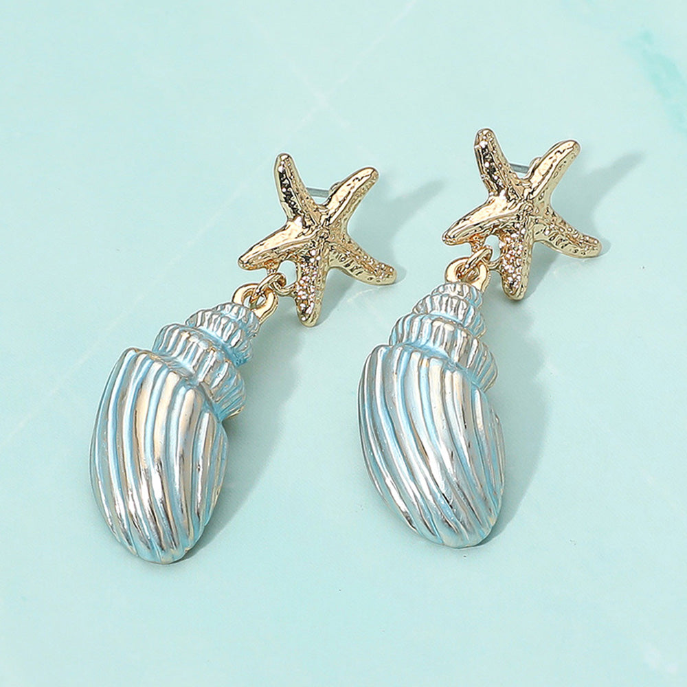 Gold dipped starfish seashell drop dangle statement earrings in coastal beach inspired style