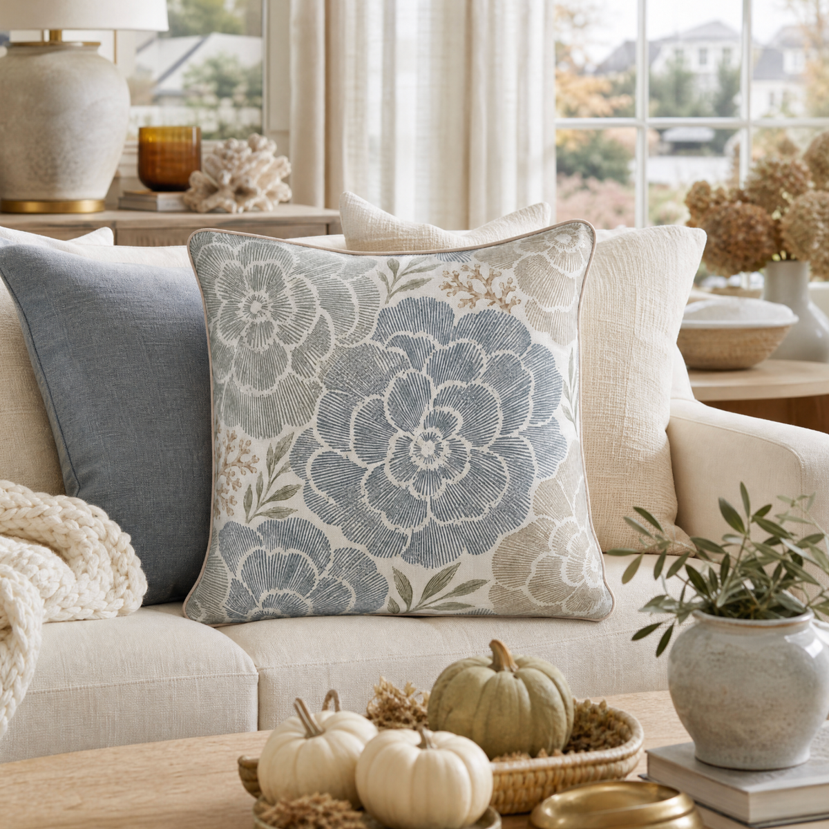 Coastal grandmillennial blue floral pillow with classic botanical styling and a tailored look