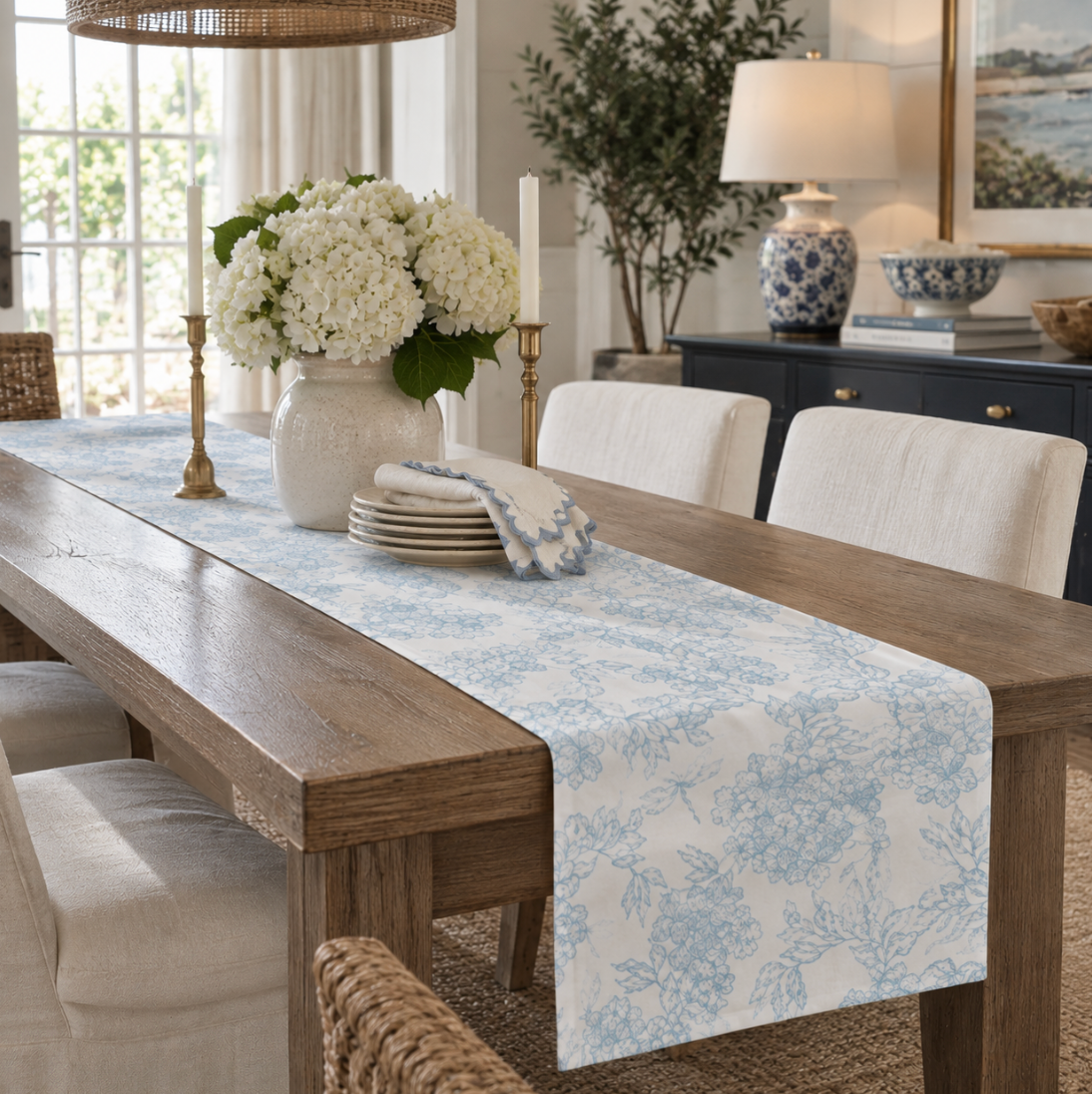 Coastal grandmillennial hydrangea runner with a timeless powder-blue floral toile design