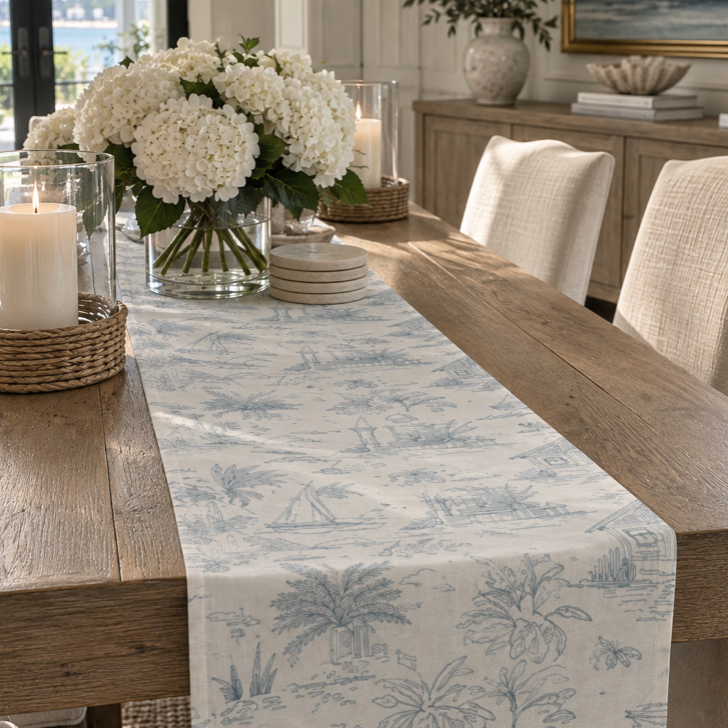 Coastal grandmillennial toile table runner with elegant blue-and-white sailboat and cottage scenes
