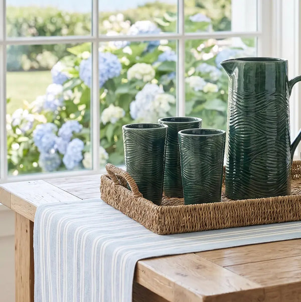 Set of green and blue coastal pattern glass tumblers for beach house drinkware