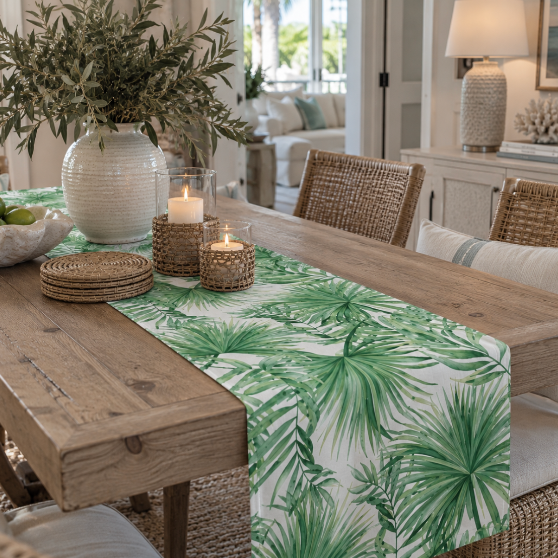 Coastal green palm leaf table runner with a crisp white background