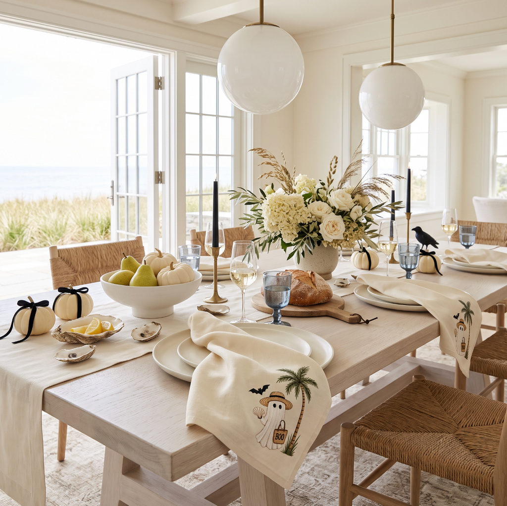 Coastal Halloween ghost napkin draped over an ivory dinner plate on a bright beach-house fall table.