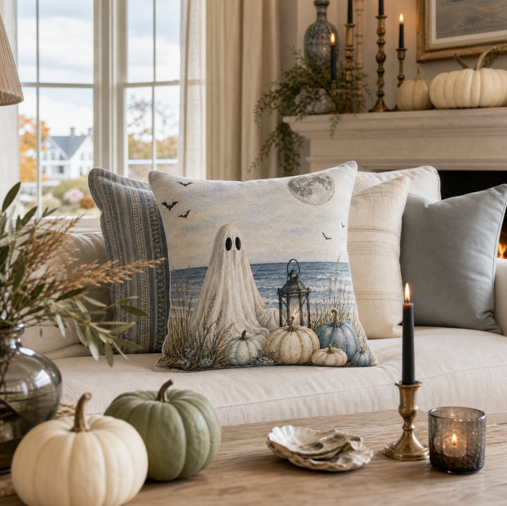 Coastal Halloween ghost throw pillow with a moonlit ocean, lantern, bats, and blue-gray pumpkins