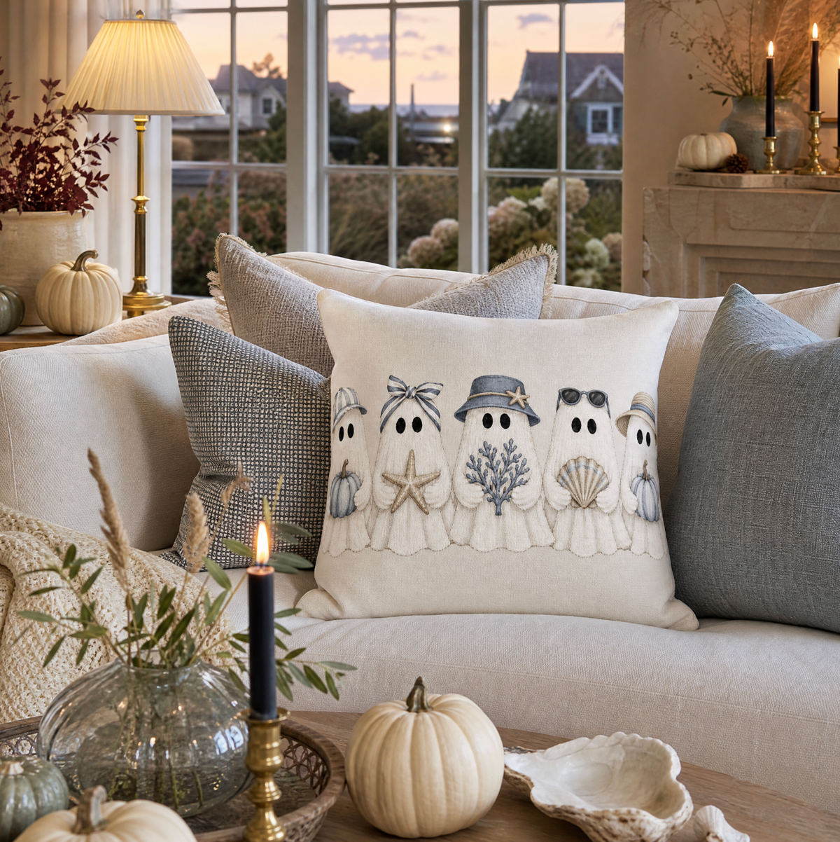 Coastal Halloween ghost throw pillow with five friendly ghosts in blue and white nautical accessories