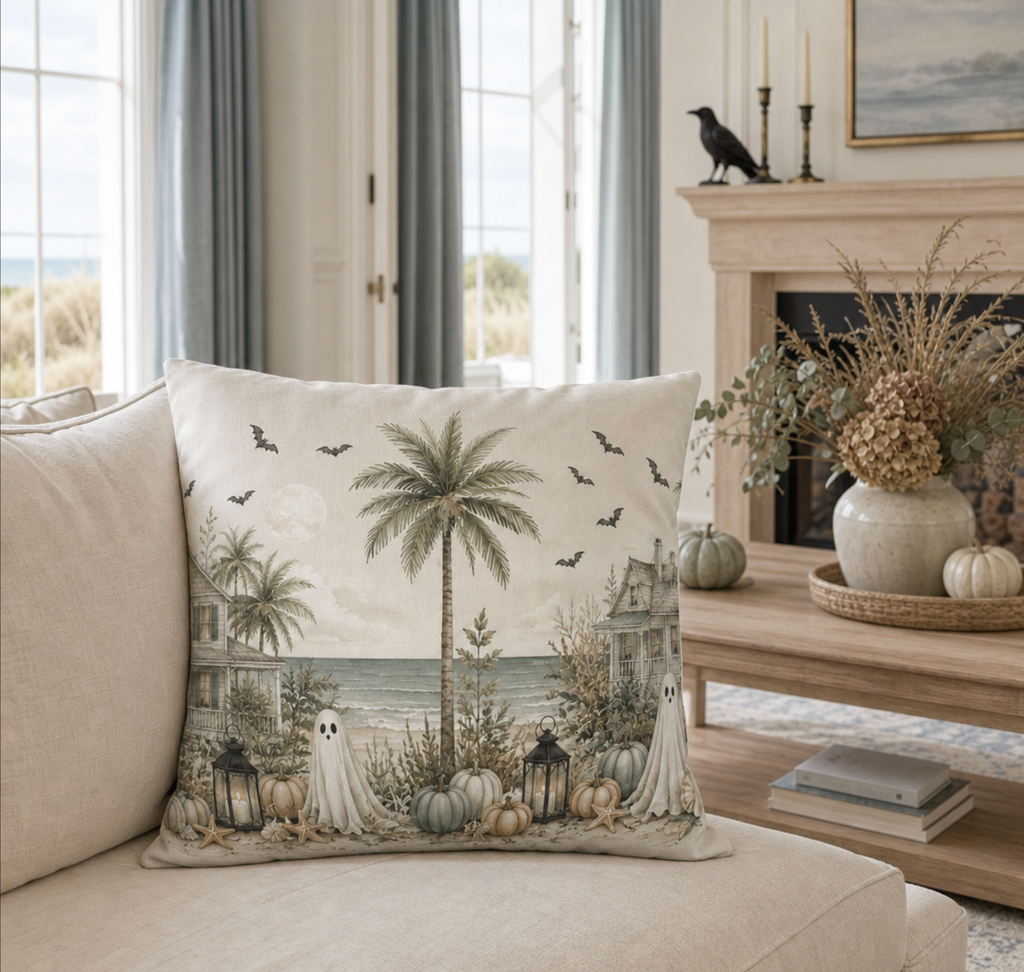 Coastal Halloween sofa pillow styled with blue-gray accent cushions in a neutral beach house living room