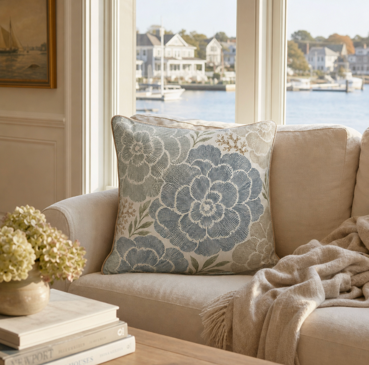 Coastal Harvest blue floral pillow cushion with oversized blooms and soft neutral botanical details