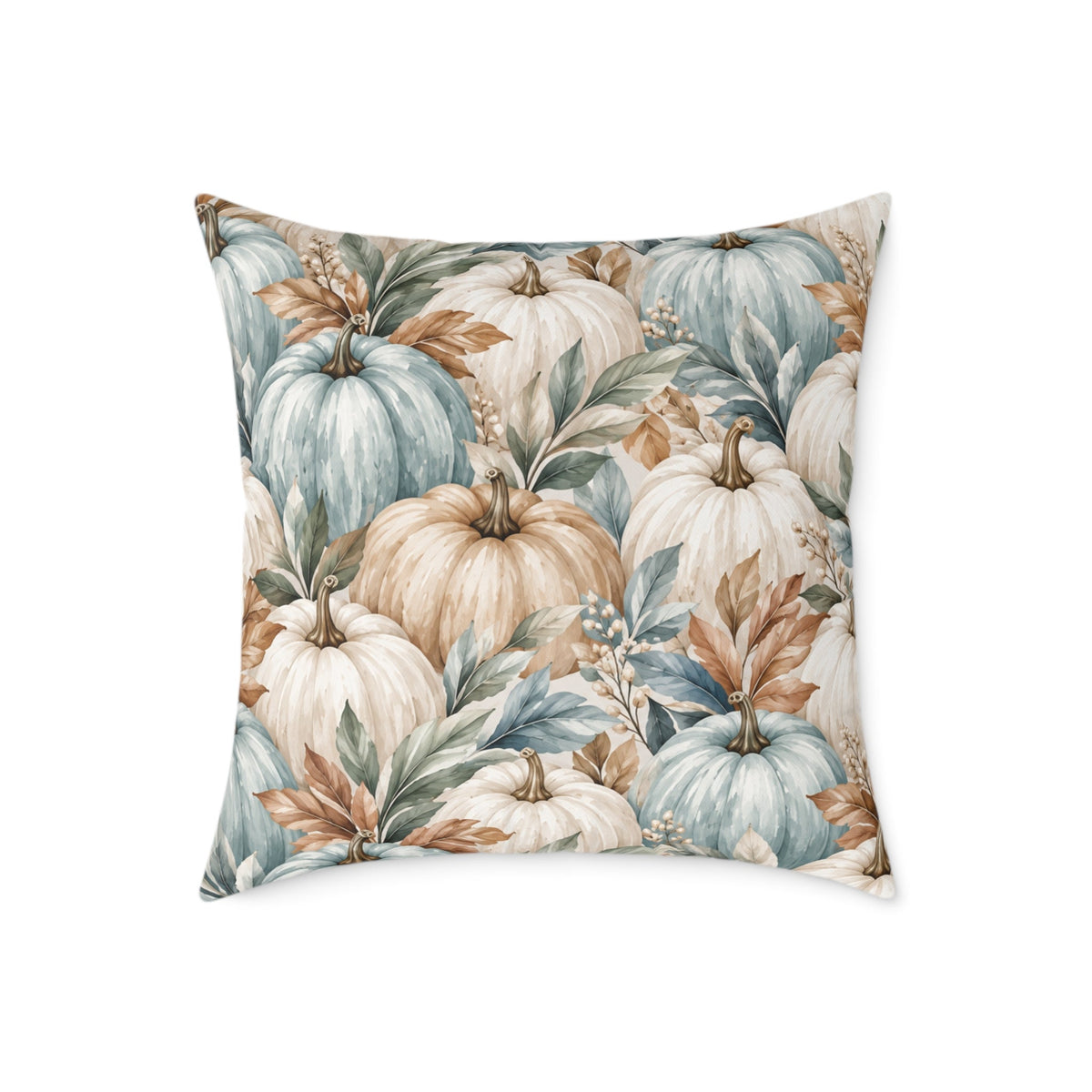 Coastal harvest throw pillow with a full pattern of pumpkins, leaves, and muted autumn tones