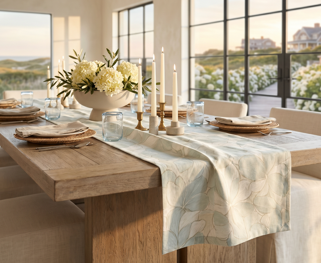 Hydrangea print soft blue table runner for coastal, beach house, or summer dining room decor.