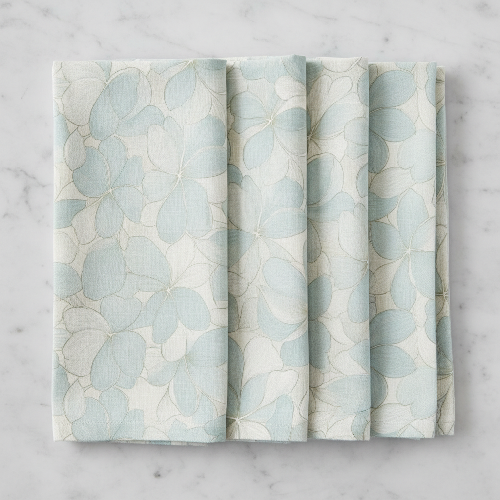 Light blue hydrangea floral linen dinner napkins for beach house table deco
