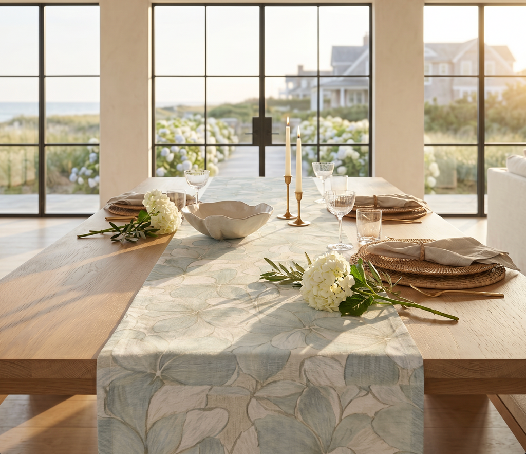 Coastal hydrangea floral table runner in soft blue used for summer beach house table setting.