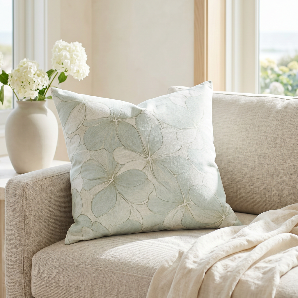 soft blue hydrangea floral throw pillow on a neutral sofa in a bright coastal beach house living room.