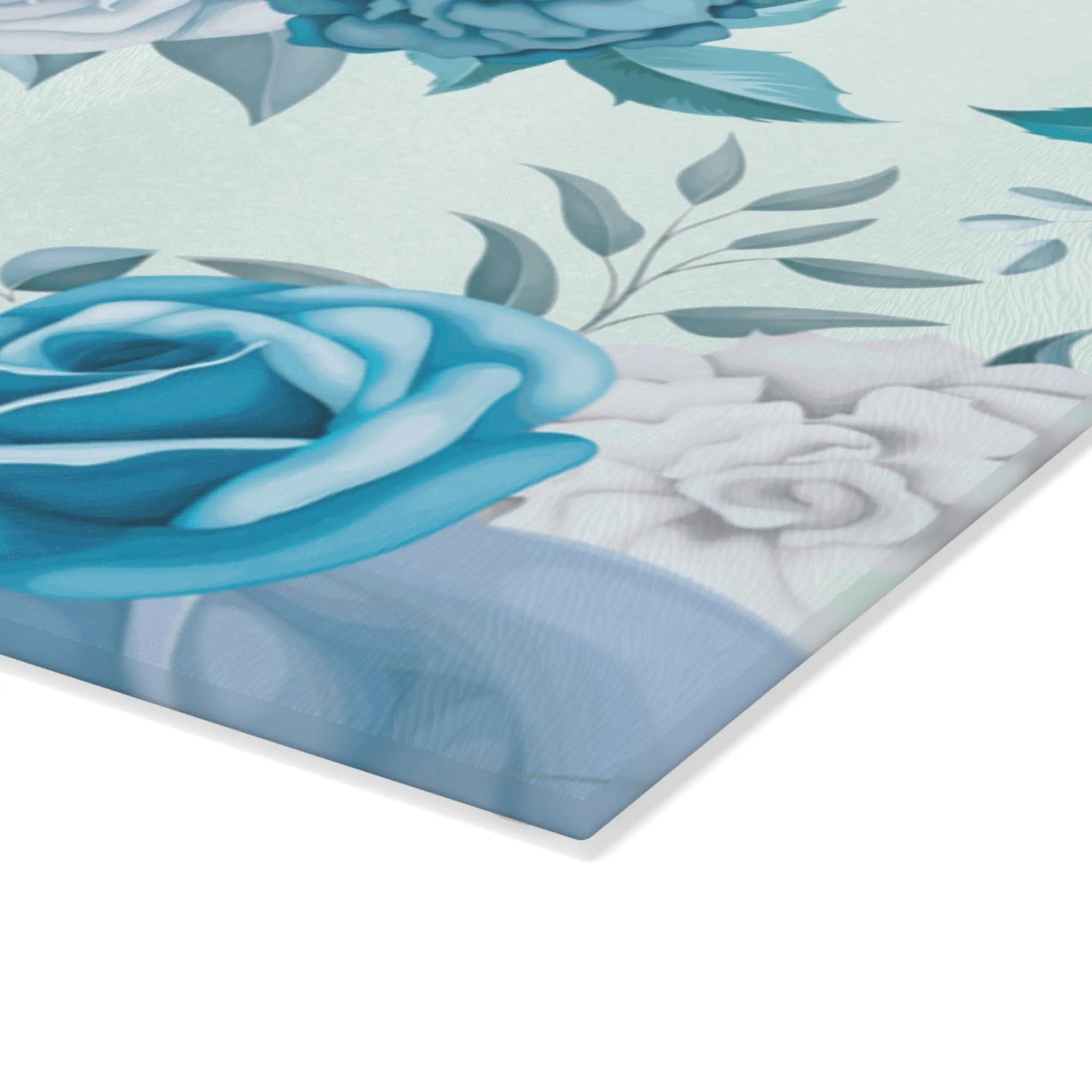 Blue Floral Glass Cutting Board featuring teal and blue roses in a serene, high-definition print.