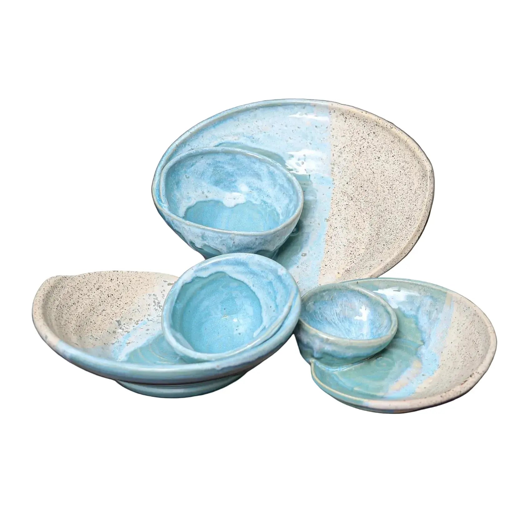 Handmade Coastal Swirly Serving Bowls in blue and beige marbled glaze, stoneware set for serving.
